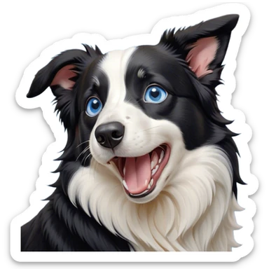 Cinematic Cute Yawning Border Collie Portrait Emoji, Head tilted slightly with a dramatic, wide-open yawn, showcasing a smooth black and white coat, floppy ears slightly drooping, round blue eyes barely open in drowsy contentment, Simplified yet irresistibly adorable features, highly detailed, glowing with a soft, cozy glow, high shine, relaxed yet alert, stylized with a touch of whimsy, bright and endearing, soft glowing outline, capturing the essence of a sleepy yet spirited herder, so drowsy it feels like it could stretch right out of the screen and curl up for a nap! sticker