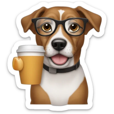 a dog drinking coffee in nerd glasses sticker