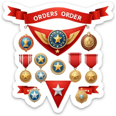 Icon for Collecting Orders, Medals & Badges: a variety of vintage orders and badges, displayed neatly on a big red pennant. The icon should reflect the honor and historical significance of these collectible items. Transparent background. sticker