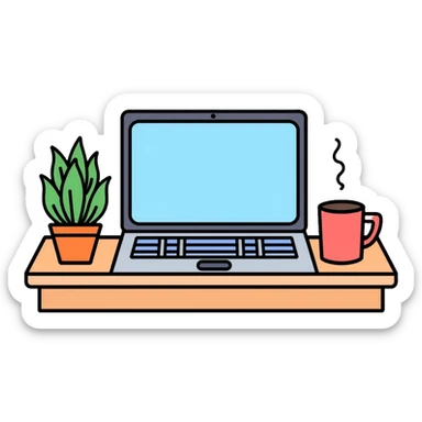 A neat desk workspace with an open laptop, coffee mug, and a small potted plant, minimalist and organized sticker