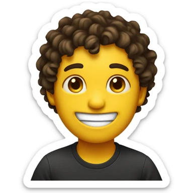 Yellow round face with dark brown curly hair smiling and winking with closed smile sticker