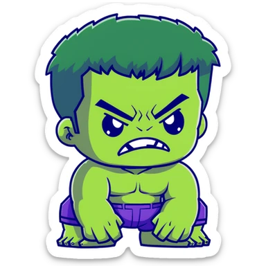 Chibi Hulk, cute small proportions, big head, tiny body, adorable angry expression, green skin, purple shorts sticker