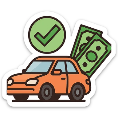 flat toon style car with a big green checkmark and cash, representing approved vehicle finance sticker