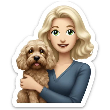 blue eyed old long haired blonde lady with dark brown Cockapoo puppy dog sticker