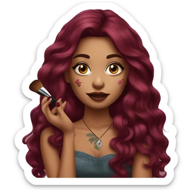 Beautiful tattooed burgundy long haired woman doing her makeup sticker