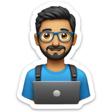 indian physics phd student holding a laser with a short beard and round glasses in a blue t shirt with black hair and a laptop bag sticker