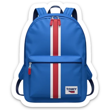 simple blue backpack, at the bottom pocket there is a  logo featuring a Tommy Jeans-inspired logo. The logo looks like a vertical one red, one white. The flag are vertical, not horizontal. Flat

 sticker