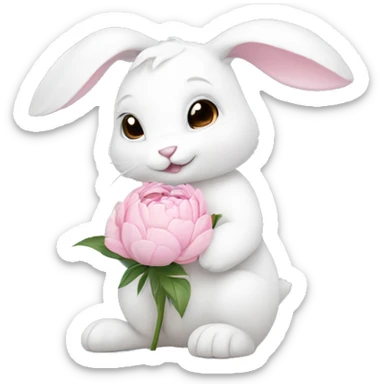cute white bunny holding light pink peonies sticker