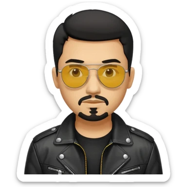 A man with middle part black hair sunglasses with yellowish glasses And black jacket. Goatee short black beard sticker