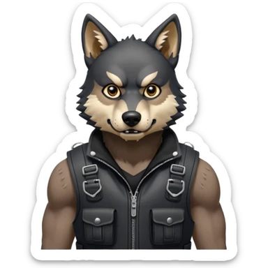 A full black anthropomorphic wolf with white marks, he is wearing a rubber like dog muzzle, and his ears are standing up with a variety of piercings. He has a black tactical vest on, and he is in a grumpy mood, his arms just hanging by his side sticker