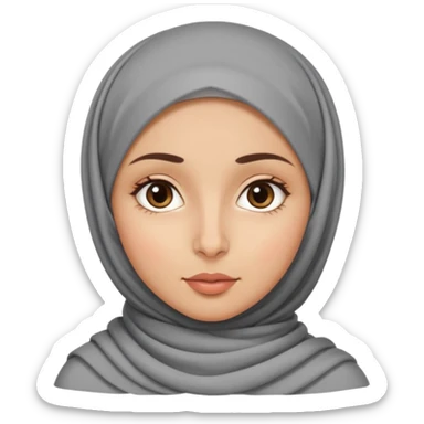 A girl in a French hijab, with an oval face, medium-sized forehead, wide eyes, straight nose, and full lips. She has thick, wavy hair and medium-toned skin with straight eyebrows sticker