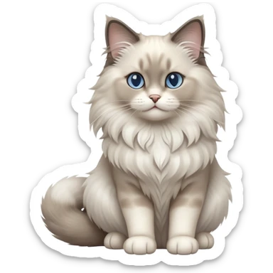 cinematic-[Ragdoll cat]-realistic-full-body-sitting-emoji,-tail-curled-playfully-around-its-paws,-head-tilted-dramatically,-fluffy-[grey ragdoll cat]-fur,-simplified-yet-realistic-focused-features,-highly-detailed,-glowing-with-an-almost-sarcastic-glow sticker