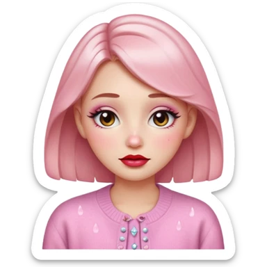 “Emoji girl, dewy skin, heavy blush across cheeks and nose bridge, glossy cherry lips, soft eyeliner, teary sparkling eyes, pastel cardigan.” sticker