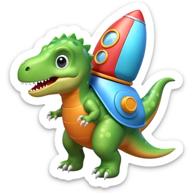 cute toy-like rocket-propelled dinosaur, rounded shapes, glossy texture, colorful rocket backpack, happy expression, 3D cartoon, mobile game icon style, clean background, no text, no watermark
 sticker