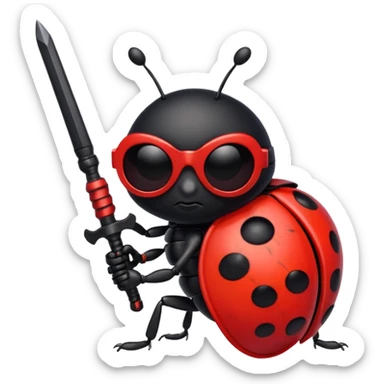 an evil ladybug with dark sunglasses and a weapon sticker