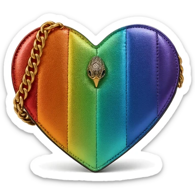rainbow-colored heart purse in the style of Kurt Geiger, metallic rainbow panels, signature eagle head clasp, elegant and trendy sticker