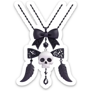 gothic bow, white satin, silver skull charm, black feather accents, black gemstone, black chain fringe, black lace overlay sticker