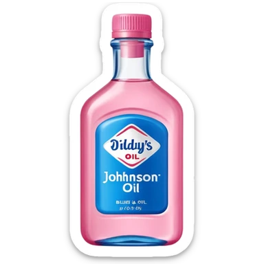 bottle of oil blue top pink outside with logo that says Diddys Oil Johnson and Johnson bottle  sticker