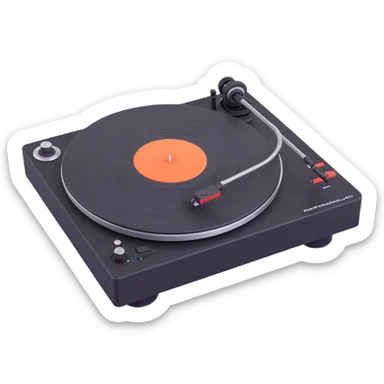 Technics-style turntable in 3D, Disney Pixar animation style, playful rounded features, vibrant colors, predominantly black color scheme sticker