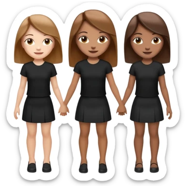 emoji of a girl with long, straight light brown hair, fair skin, soft brown eyes. Wearing a stylish black top and mini skirt. Full-height, standing confidently with shoulders back, head up, smiling proudly. Surrounded by 3 women next to her, holding hands. women are of diferent race sticker