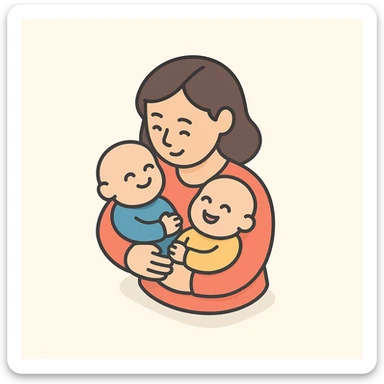 a mother hugging two babies close to her chest, both babies smiling, 2D isometric illustration style sticker