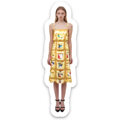 Make the dress butter yellow with thin straps, keep the pixel art style, no background. sticker