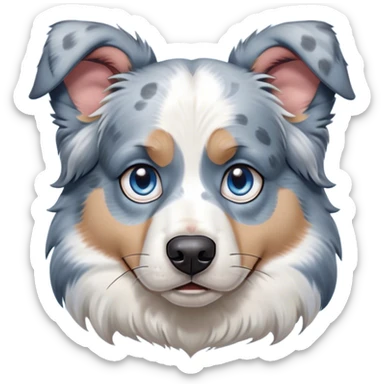 Cinematic Grumpy Blue Merle and White Australian Shepherd Portrait Emoji, Head tilted slightly with a deeply unimpressed expression, thick blue merle fur with crisp white markings, large, droopy blue eyes narrowed into an unamused glare, ears slightly drooping in exasperation, Simplified yet comically expressive features, highly detailed, glowing with a dry, sarcastic glow, high shine, effortlessly judgmental yet dignified, stylized with a touch of cynicism, bright but brooding, soft glowing outline, capturing the essence of an eternally unimpressed yet endearing pup, so lifelike it feels like it could sigh heavily at you in disdain at any moment! sticker