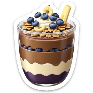 Açai bowl in a clear cup with layers of biscof , nutlella, granola, condensed milk and banana sliced and blueberrys on top sticker