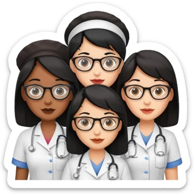 Genera un emogis con cuatro enfermeras pelinegra juntas, entre ellas una con lentes y otra con lunar encima del labio sticker