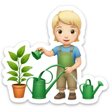 child watering plants with a watering can, cheerful and green sticker