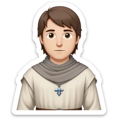 medieval outfit worn by a DnD themed fantasy character. basic cotton tunic with a thin belt and a scarf draped over the shoulders. clothes only above the waist. The clothes full waist. The character's haven't arms. character is straight brown hair gray eyes medium-length hair white man. sticker