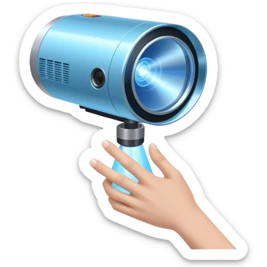 Flat emoji of a wrist-mounted hologram projector emitting a soft blue light cone, simple shapes, modern sci-fi style sticker