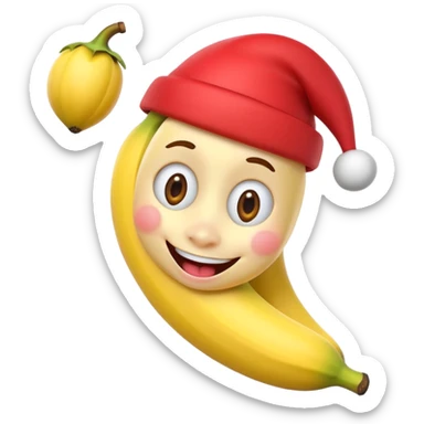 A 3D cartoon banana with a red nose and tiny hat, smiling face, playful pose, Memoji-style. sticker