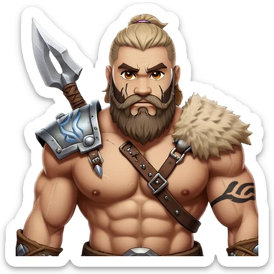 Clash of Clans aesthetic: Cinematic Rugged Barbarian Portrait Emoji, Intense and formidable with a heavily muscled physique, a rugged beard, piercing eyes and battle-worn armor adorned with tribal markings, his complexion a light tan that speaks of hard-fought battles, Simplified yet powerfully detailed features, highly detailed, glowing with a deep, primal energy, high shine, gritty and uncompromising, stylized with an air of raw, untamed power, focused and determined, soft glowing outline, capturing the essence of a barbarian warrior carved by countless battles and poised to lead his clan into epic conflict! sticker