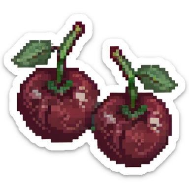 Pixel art of two dark maroon cherries with green stem, deep red color sticker