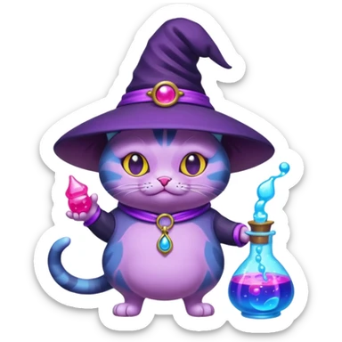 Purple witch cat full body with pink potion neon  and blue potion bubbling neon sticker