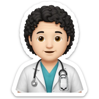 a young chubby male doctor with black long curly hair and cheerful face without gpasses sticker