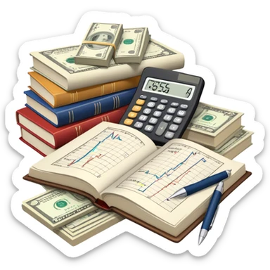 Icon for Business Reading: an open book with graphs, numbers, percentages, formulas, and text on the pages, next to a stack of books, a pile of dollars, a calculator, and a pen. The icon should represent the analytical and strategic nature of business literature. Transparent background. sticker