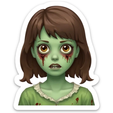 Uma menina zombie com um cabelo ondulado médio, com a franja pro lado direito, o cabelo com cor castanho com a cor de pele verde  sticker