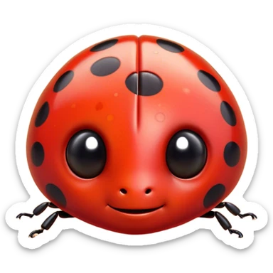 Cinematic Cute Ladybug Portrait Emoji, Head tilted playfully and inquisitively, featuring a diminutive, adorable form with a glossy red shell dotted with playful black spots and round, sparkling eyes full of gentle mischief, Simplified yet irresistibly adorable features, highly detailed, glowing with a warm, inviting glow, high shine, affectionate and lively, stylized with a touch of whimsical garden charm, soft glowing outline, capturing the essence of a mischievous ladybug that seems as if it could flutter out of the screen into your arms! sticker