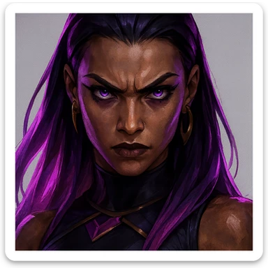 Reyna from Valorant, close-up, intense expression, purple highlights, dramatic lighting, detailed face sticker