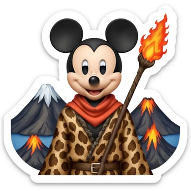 a mickey mouse wearing ancient animal skin cloth with volcano behind, half body, icon sticker