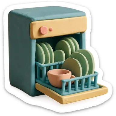 claymation style dishwasher with open door and clean dishes inside, pastel colors, visible fingerprints, soft matte finish sticker