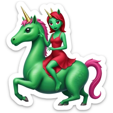 "reptilian green alien woman" in "dark red dress", rides, "unicorn white"
 sticker