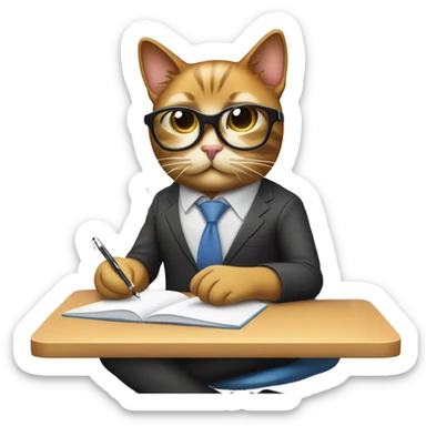 Design an emoji featuring a cute cat with stylish computer glasses, diligently taking notes on a notepad in front of a modern computer, all while comfortably seated on a sleek office chair. sticker