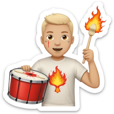A loud fan, simple tee shirt with paint on his cheeks with a marching drum, beating it with fiery enthusiasm sticker