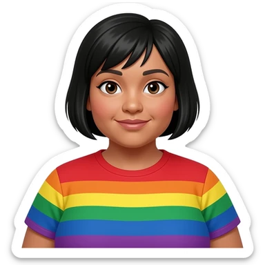 fat woman very pale with massive forehead and short black face half asin and half south african and her face it flat shes wearing a rainbow t shirt sticker
