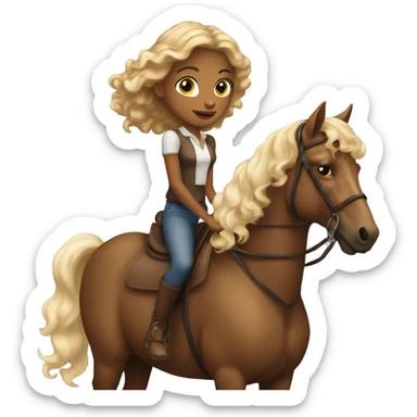 A dark tan girl with curly blonde hair riding a brown horse with white spots  sticker