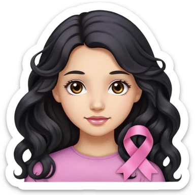 Beautiful girl with long wavy black hair, brown eyes, light skin, slight smile, and pink ribbon in hair sticker