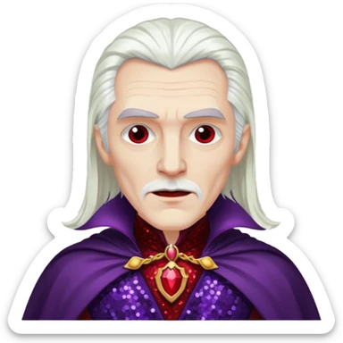 Dracula with long white hair, dark purple sequin suit, dark red sequin cape sticker